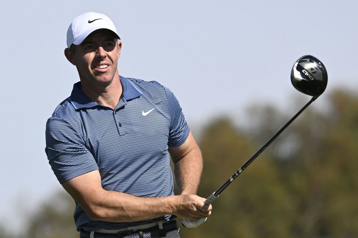 Feb 16, 2025; San Diego, California, USA; Rory McIlroy  hits his tee shot on the second hole during the final round of The Genesis Invitational golf tournament at Torrey Pines. Mandatory Credit: Denis Poroy-Imagn Images