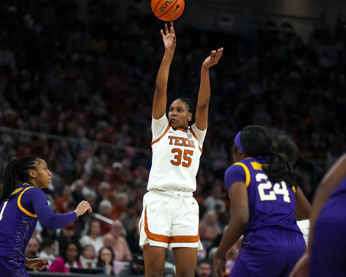 Texas Longhorns guard Madison Booker (35) shoots the ball during the game against LSU at the Moody Center on Sunday, Feb. 16, 2025.