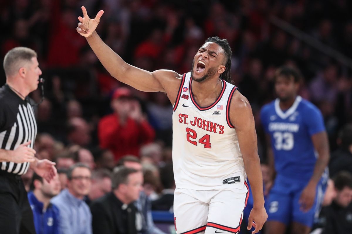 Feb 16, 2025; New York, New York, USA;  St. John's Red Storm forward Zuby Ejiofor (24) gestures after making a three point shot in the first half against the Creighton Bluejays at Madison Square Garden. Mandatory Credit: Wendell Cruz-Imagn Images