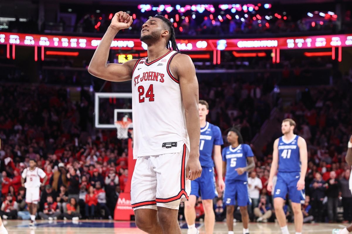 Feb 16, 2025; Queens, New York, USA;  St. John's Red Storm forward Zuby Ejiofor (24) celebrates in the second half against the Creighton Bluejays at Madison Square Garden. Mandatory Credit: Wendell Cruz-Imagn Images