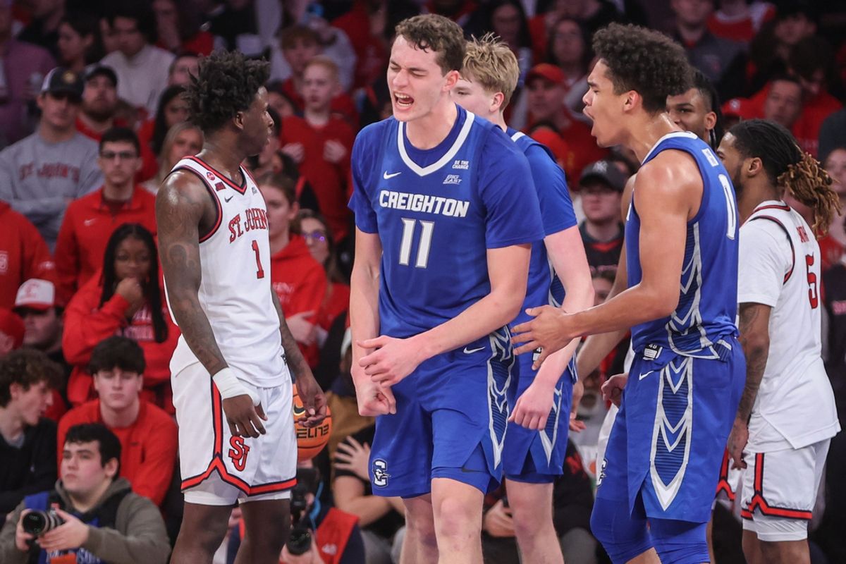 Feb 16, 2025; Queens, New York, USA;  Creighton Bluejays center Ryan Kalkbrenner (11) celebrates after getting fouled on a made basket in the second half against the St. John's Red Storm at Madison Square Garden. Mandatory Credit: Wendell Cruz-Imagn Images