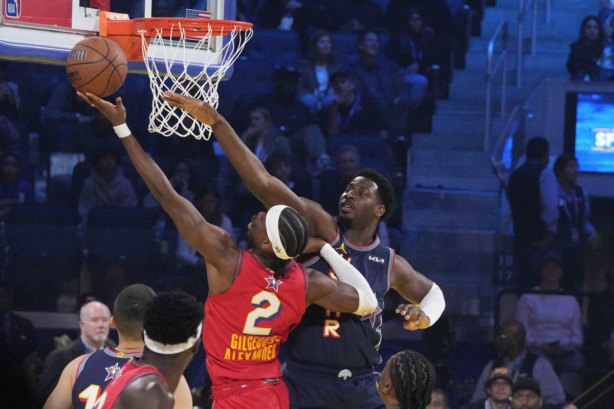 Feb 16, 2025; San Francisco, CA, USA; Chuck’s Global Stars guard Shai Gilgeous-Alexander (2) of the Oklahoma City Thunder shoots against Kenny’s Young Stars forward Jaren Jackson Jr. (13) of the Memphis Grizzlies during the 2025 NBA All Star Game at Chase Center. Mandatory Credit: Kyle Terada-Imagn Images