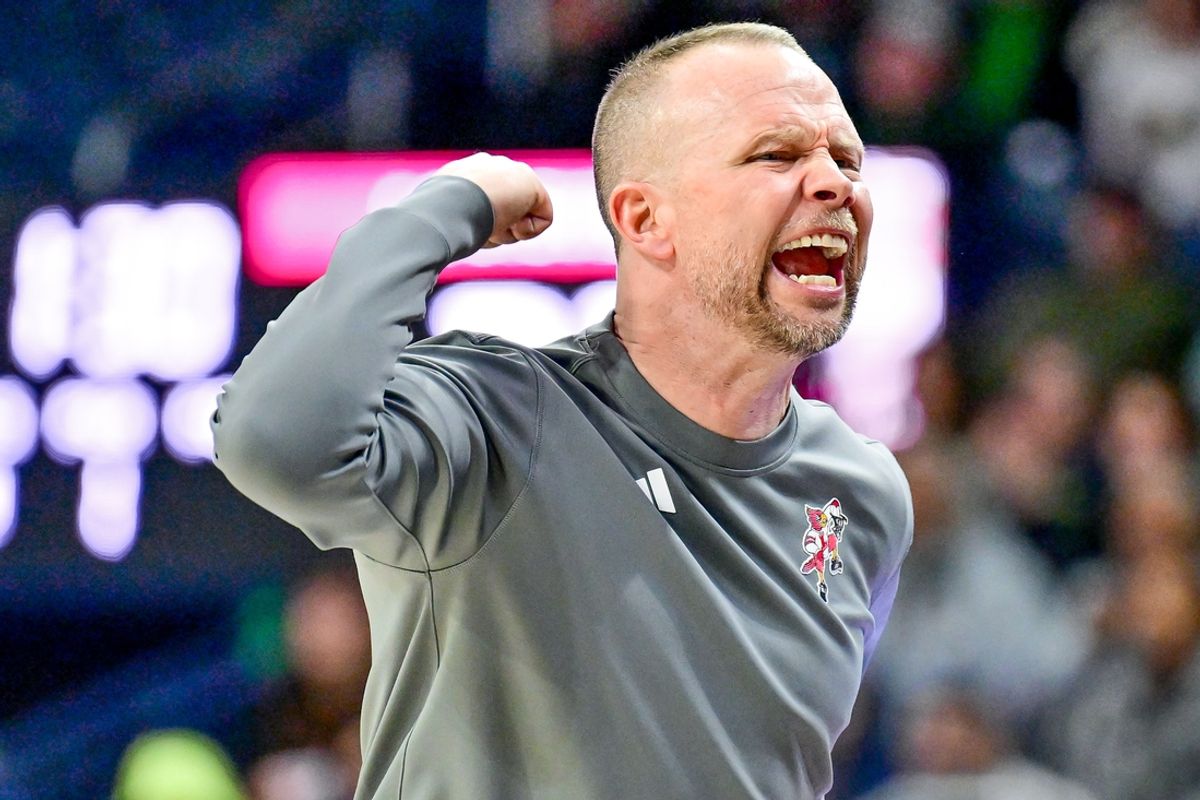 Feb 16, 2025; South Bend, Indiana, USA; Louisville Cardinals head coach Pat Kelsey reacts in the first half against the Notre Dame Fighting Irish at the Purcell Pavilion. Mandatory Credit: Matt Cashore-Imagn Images