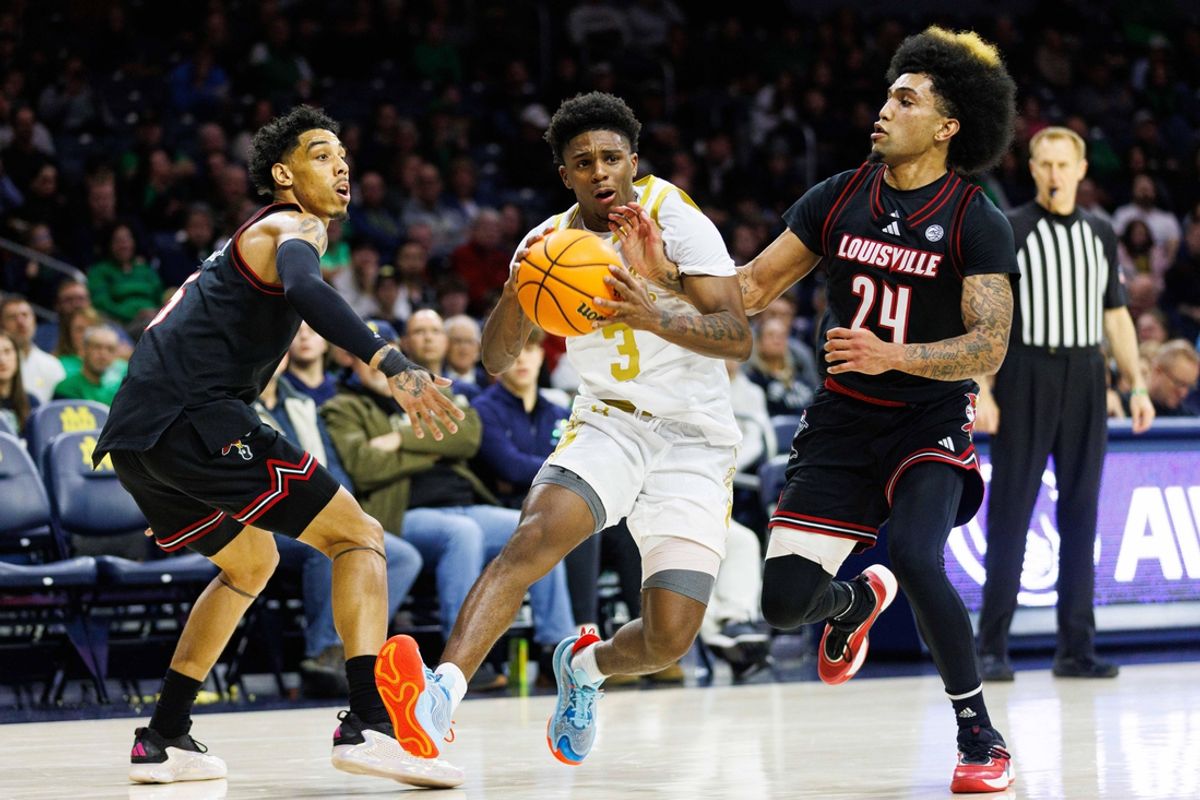 Notre Dame guard Markus Burton (3) drives to the basket during a NCAA men's basketball game between Notre Dame and Louisville at Purcell Pavilion on Sunday, Feb. 16, 2025, in South Bend.