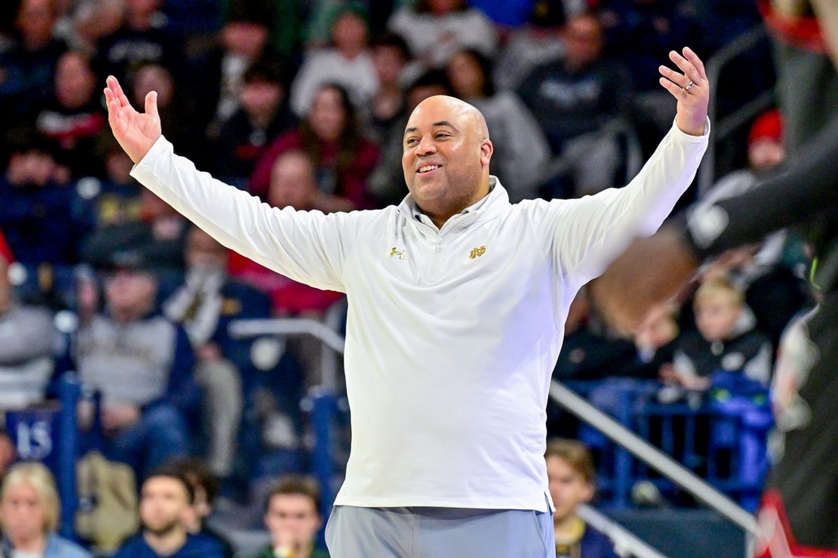 Feb 16, 2025; South Bend, Indiana, USA; Notre Dame Fighting Irish head coach Micah Shrewsberry reacts in the second half against the Louisville Cardinals at the Purcell Pavilion. Mandatory Credit: Matt Cashore-Imagn Images