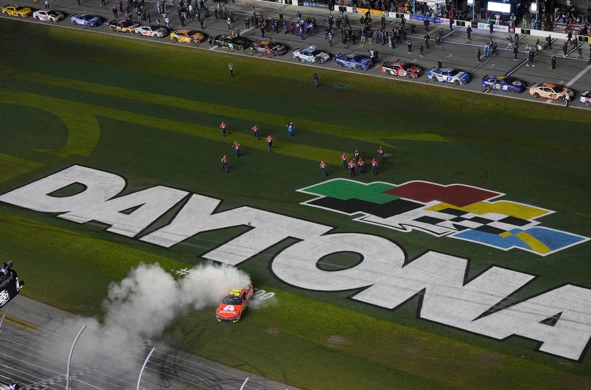 William Byron celebrates winning the Daytona 500 at Daytona International Speedway, Sunday, Feb. 16, 2025.