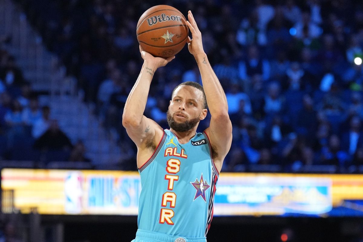 Feb 16, 2025; San Francisco, CA, USA; Shaq’s OGs guard Stephen Curry (30) of the Golden State Warriors shoots against Chuck’s Global Stars during the 2025 NBA All Star Game at Chase Center. Mandatory Credit: Kyle Terada-Imagn Images