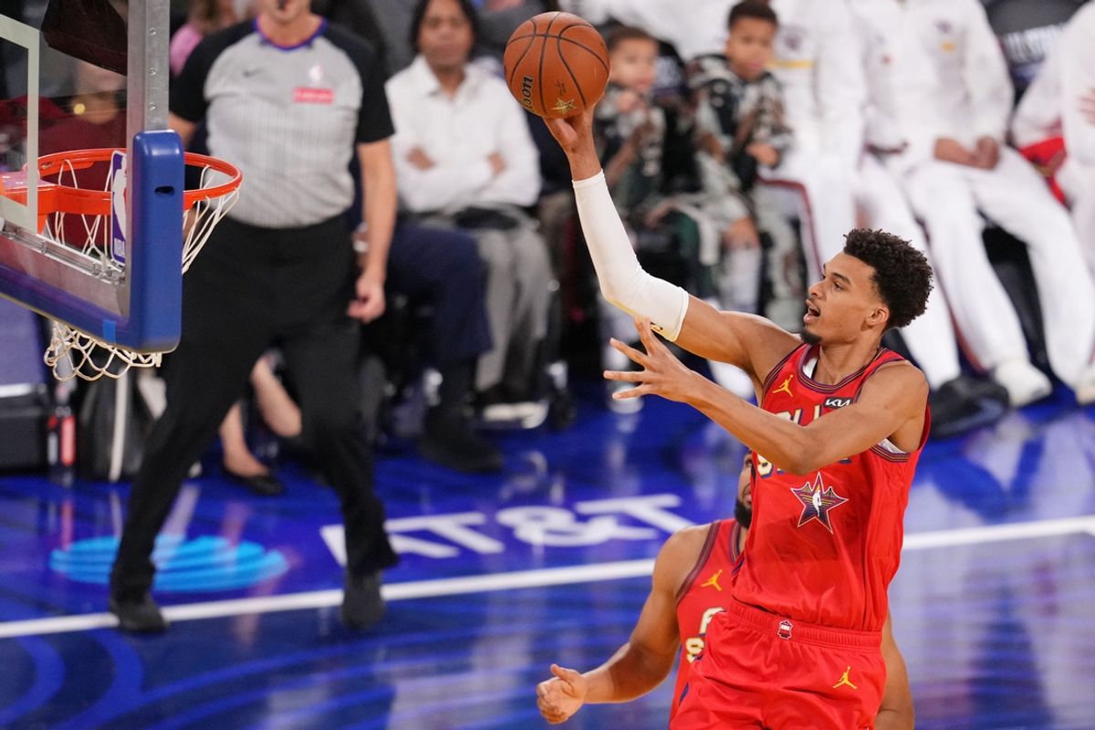 Feb 16, 2025; San Francisco, CA, USA; Chuckís Global Stars forward Victor Wembanyama (1) of the San Antonio Spurs shoots the ball against Shaqís OGsduring the 2025 NBA All Star Game at Chase Center. Mandatory Credit: Cary Edmondson-Imagn Images
