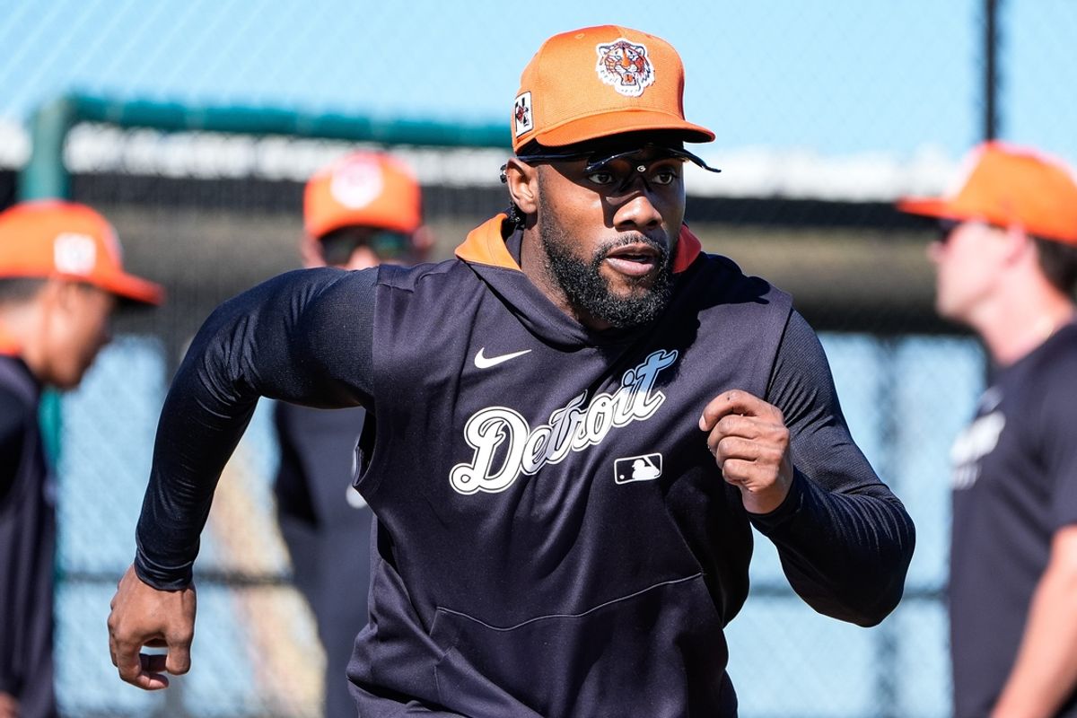 Detroit Tigers outfielder Akil Baddoo runs a drill during spring training at TigerTown in Lakeland, Fla. on Monday, Feb. 17, 2025.