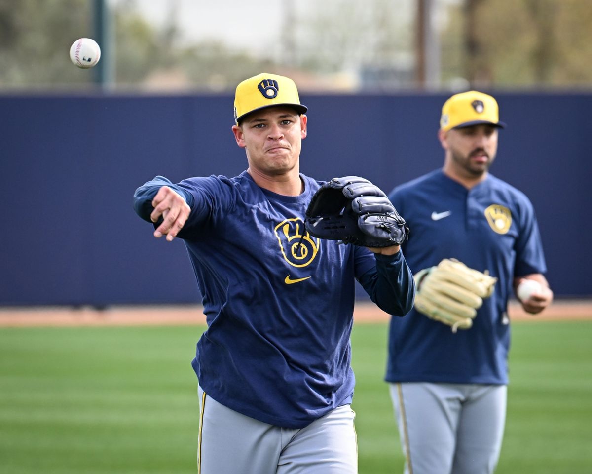 Milwaukee Brewers pitcher Tobias Myers warms up during spring training workouts Monday, February 17, 2025, at American Family Fields of Phoenix in Phoenix, Arizona.