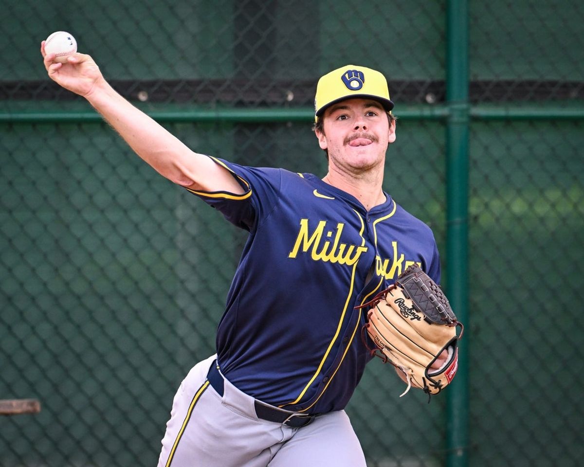 Milwaukee Brewers pitcher Logan Henderson throws in the bullpen during spring training workouts Monday, February 17, 2025, at American Family Fields of Phoenix in Phoenix, Arizona.