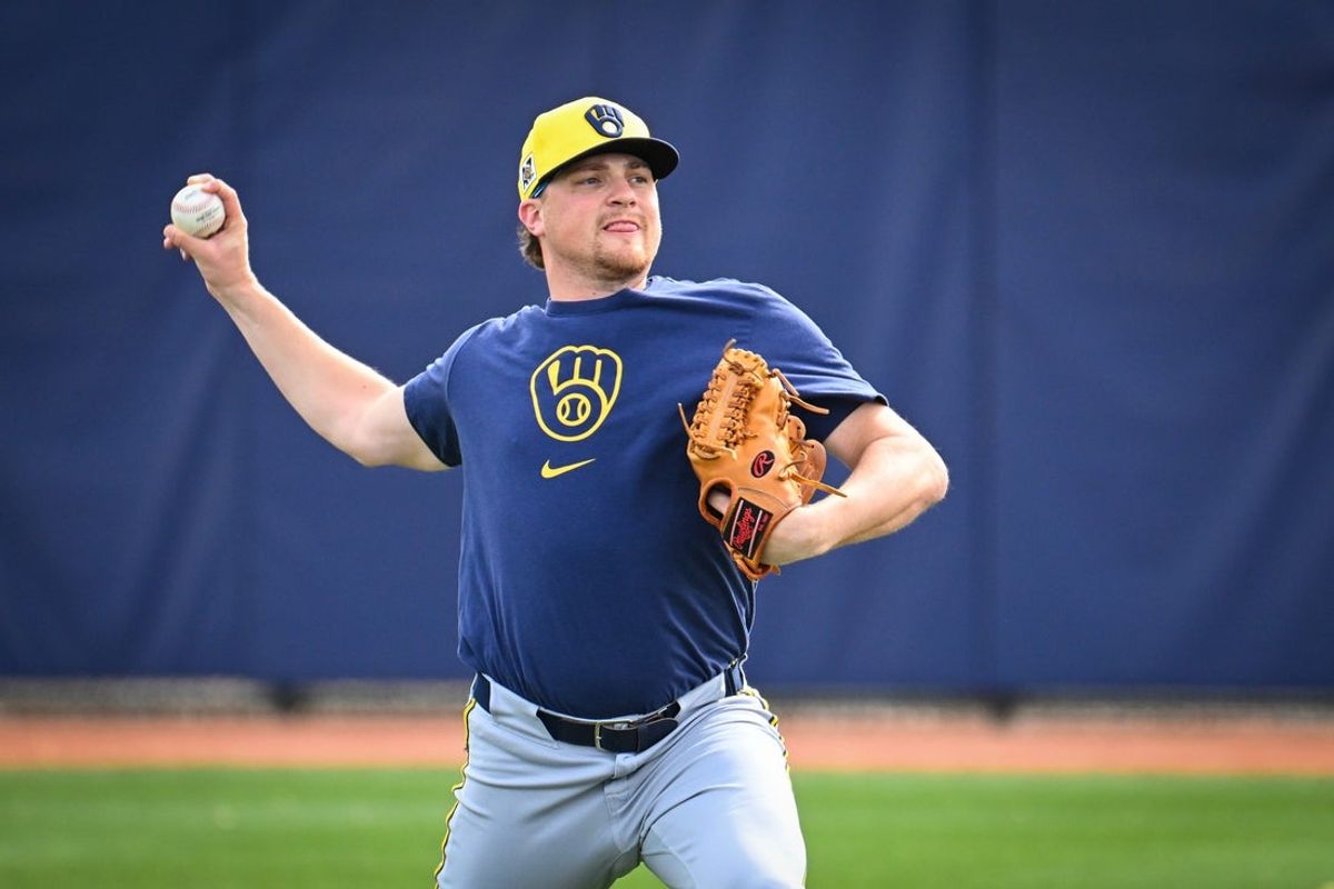 Milwaukee Brewers pitcher Chad Patrick warms up during spring training workouts Monday, February 17, 2025, at American Family Fields of Phoenix in Phoenix, Arizona.