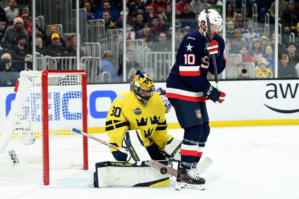 Feb 17, 2025; Boston, MA, USA; [Imagn Images direct customers only]  Team USA forward J.T. Miller (10) screens Team Sweden goalie Samuel Ersson (30) during the first period in a 4 Nations Face-Off ice hockey game at TD Garden. Mandatory Credit: Bob DeChiara-Imagn Images