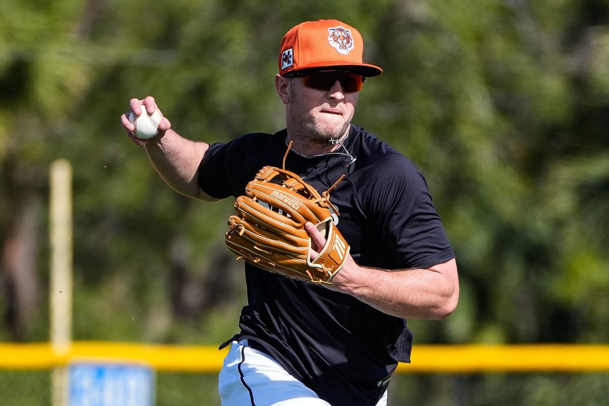 Detroit Tigers infielder Jace Jung practices a drill during spring training at TigerTown in Lakeland, Fla. on Tuesday, Feb. 18, 2025.