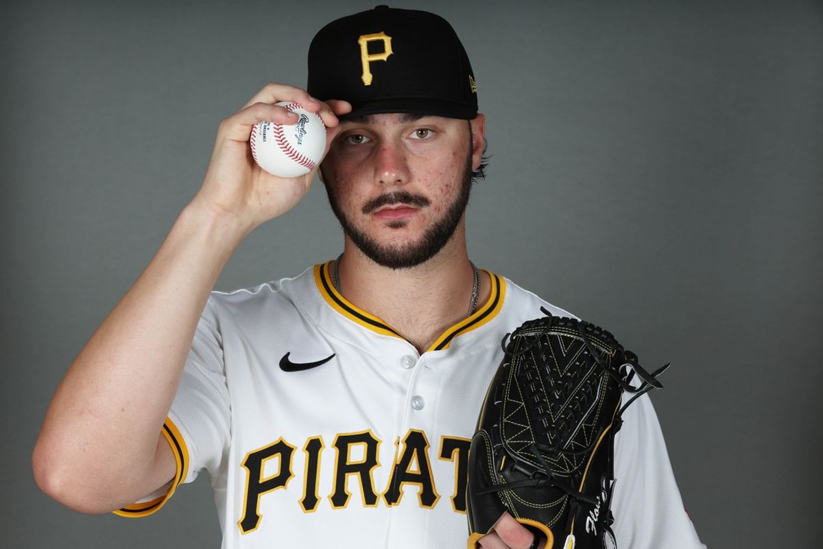 Feb 18, 2025; Bradenton, FL, USA; Pittsburgh Pirates pitcher Paul Skenes (30) poses for a photo during media day at Pirate City. Mandatory Credit: Kim Klement Neitzel-Imagn Images