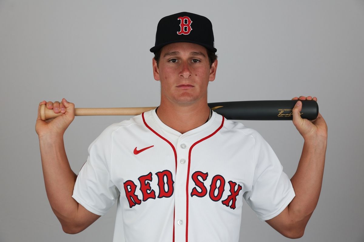 Feb 18, 2025; Lee County, FL, USA; Boston Red Sox outfielder Roman Anthony (48) participates in media day at JetBlue Park at Fenway South. Mandatory Credit: Nathan Ray Seebeck-Imagn Images