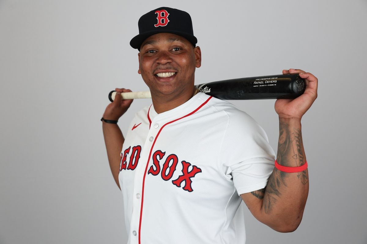 Feb 18, 2025; Lee County, FL, USA; Boston Red Sox third baseman Rafael Devers (11) participates in media day at JetBlue Park at Fenway South. Mandatory Credit: Nathan Ray Seebeck-Imagn Images