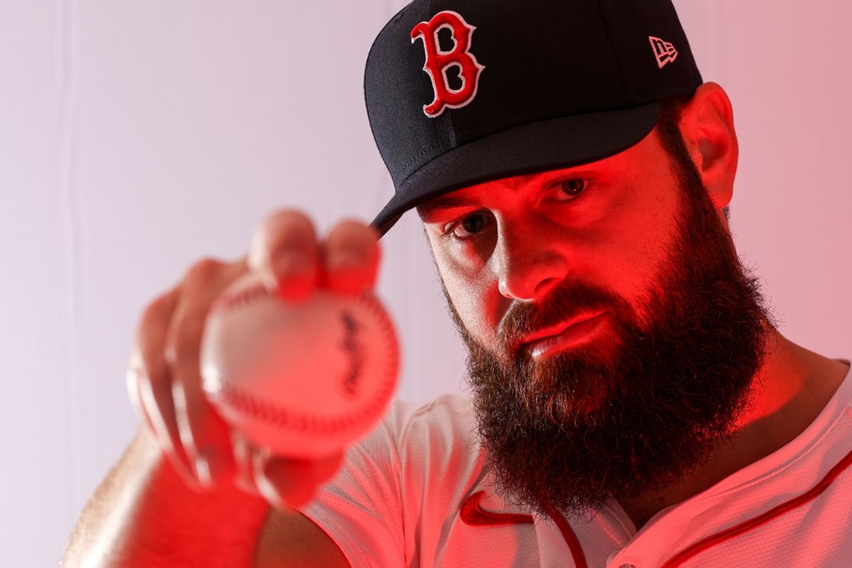 Feb 18, 2025; Lee County, FL, USA; Boston Red Sox pitcher Lucas Giolito (54) participates in media day at JetBlue Park at Fenway South. Mandatory Credit: Nathan Ray Seebeck-Imagn Images