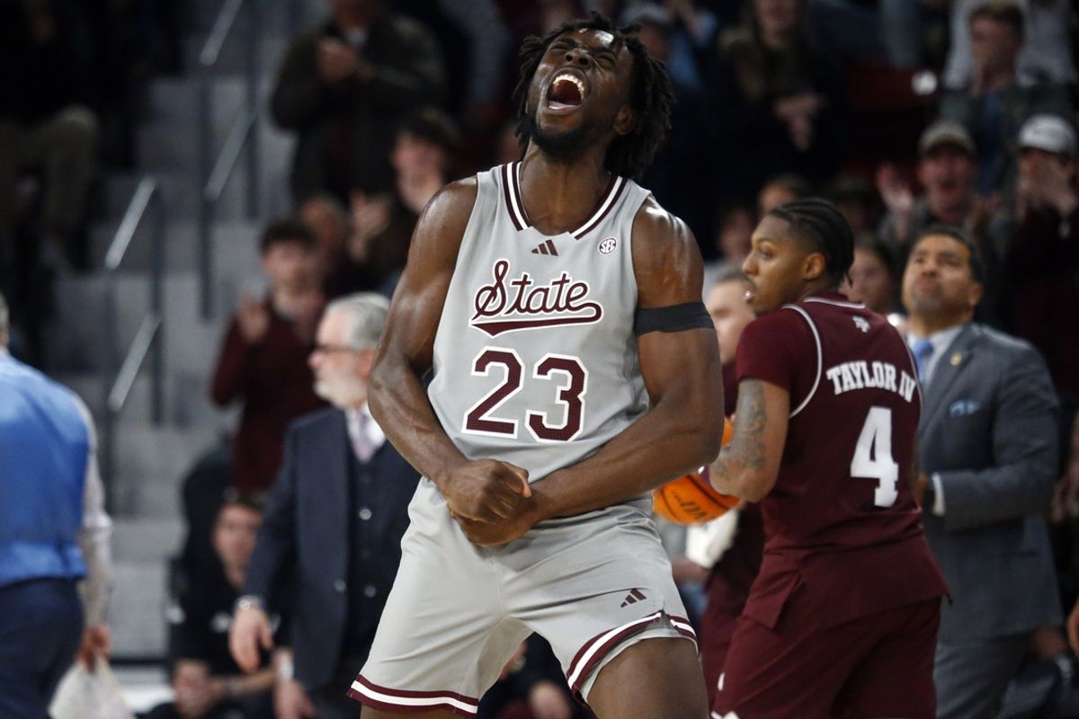 Feb 18, 2025; Starkville, Mississippi, USA; Mississippi State Bulldogs center Michael Nwoko (23) reacts during the second half against the Texas A&M Aggies at Humphrey Coliseum. Mandatory Credit: Petre Thomas-Imagn Images