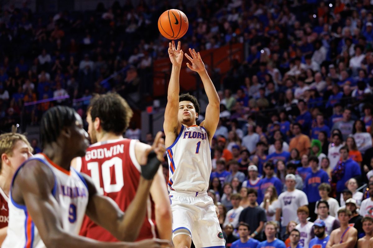 Feb 18, 2025; Gainesville, Florida, USA; Florida Gators guard Walter Clayton Jr. (1) shoots a three point basket against the Oklahoma Sooners during the second half at Exactech Arena at the Stephen C. O'Connell Center. Mandatory Credit: Matt Pendleton-Imagn Images