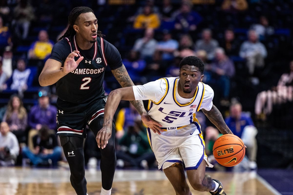 Feb 18, 2025; Baton Rouge, Louisiana, USA;  LSU Tigers guard Cam Carter (5) dribbles against South Carolina Gamecocks guard Zachary Davis (2) during the first half at Pete Maravich Assembly Center. Mandatory Credit: Stephen Lew-Imagn Images