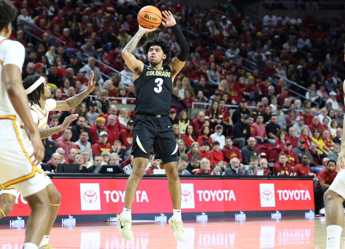 Feb 18, 2025; Ames, Iowa, USA; Colorado Buffaloes guard Julian Hammond III (3) shoots against the Iowa State Cyclones during the second half at James H. Hilton Coliseum. Mandatory Credit: Reese Strickland-Imagn Images