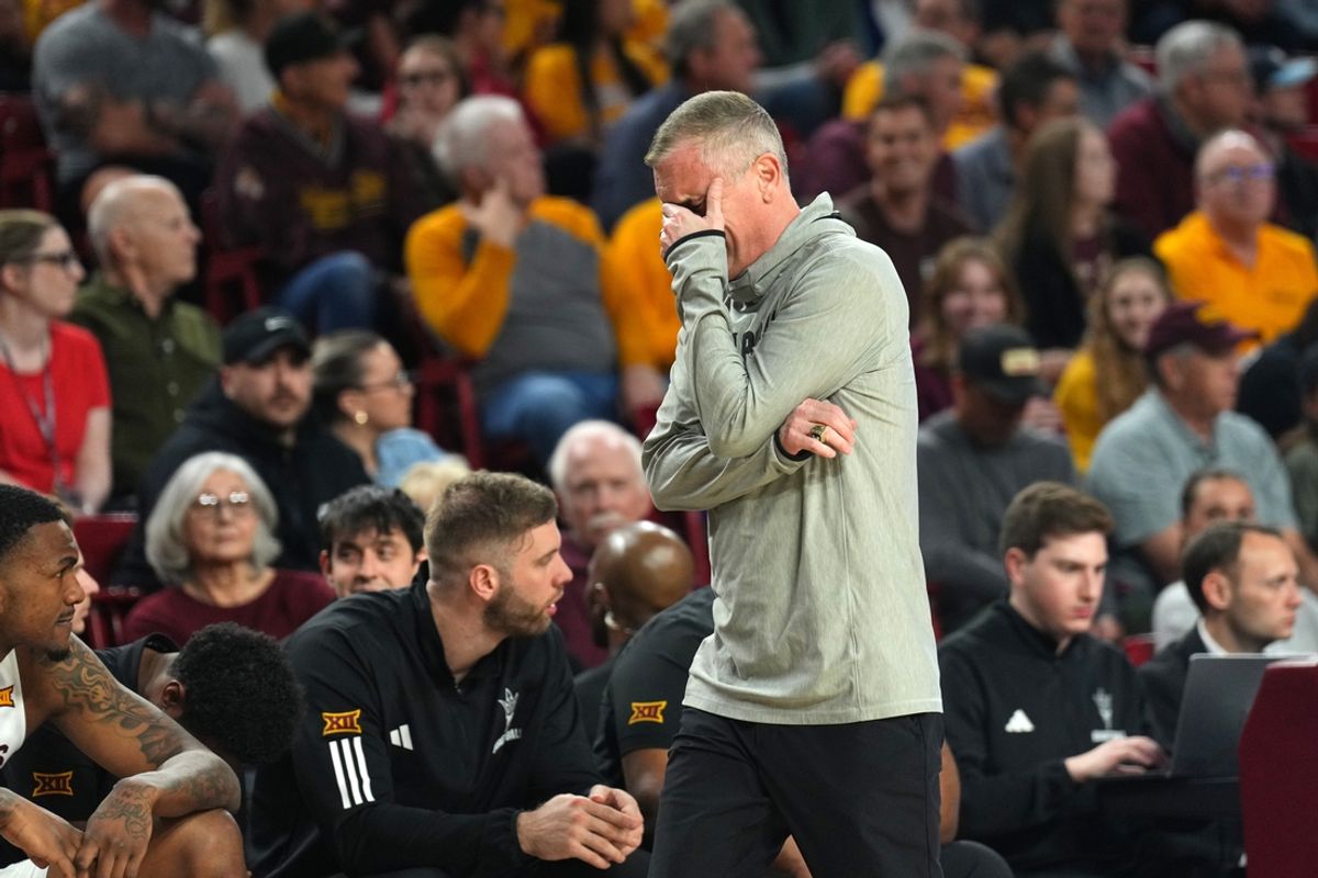 Feb 18, 2025; Tempe, Arizona, USA; Arizona State Sun Devils head coach Bobby Hurley reacts against the Houston Cougars during the second half at Desert Financial Arena. Mandatory Credit: Joe Camporeale-Imagn Images