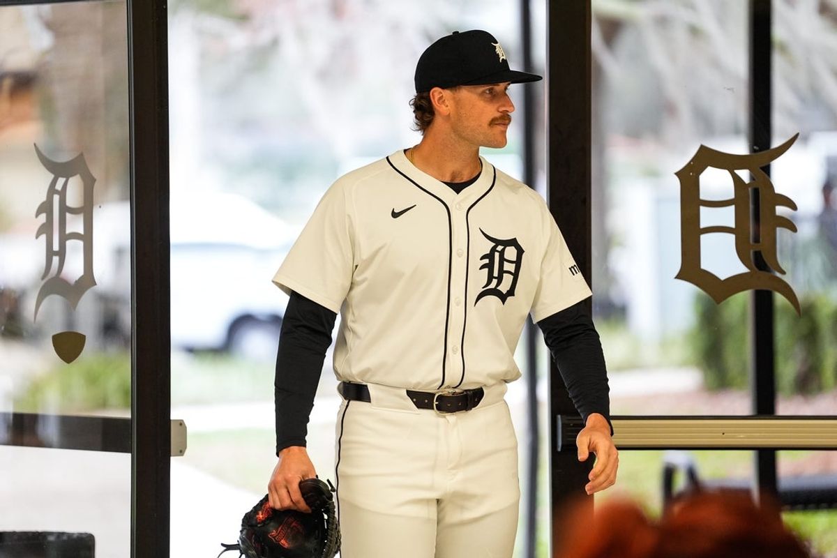 Detroit Tigers pitcher Sawyer Gipson-Long walks into the room for picture day of spring training at TigerTown in Lakeland, Fla. on Wednesday, Feb. 19, 2025.