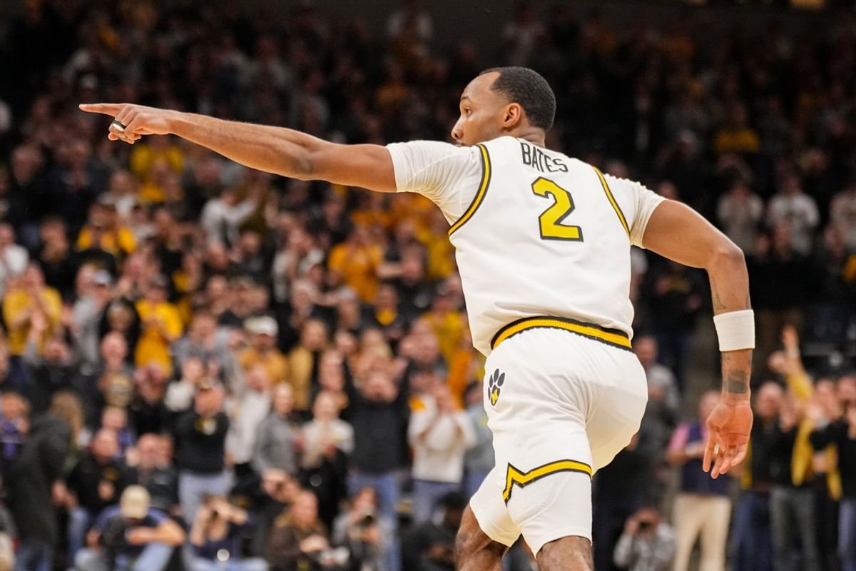 Feb 19, 2025; Columbia, Missouri, USA; Missouri Tigers guard Tamar Bates (2) celebrates after scoring against the Alabama Crimson Tide during the first half at Mizzou Arena. Mandatory Credit: Denny Medley-Imagn Images