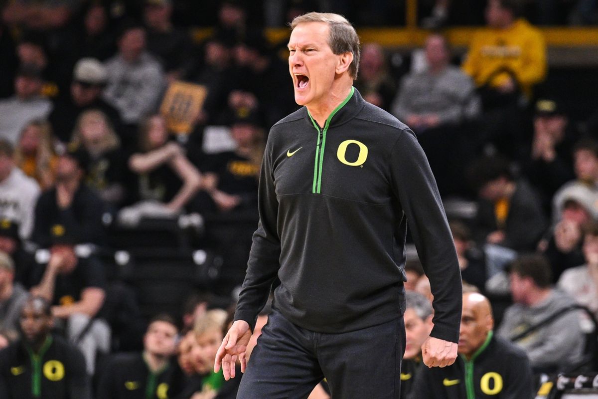 Feb 19, 2025; Iowa City, Iowa, USA; Oregon Ducks head coach Dana Altman reacts during the first half against the Iowa Hawkeyes at Carver-Hawkeye Arena. Mandatory Credit: Jeffrey Becker-Imagn Images