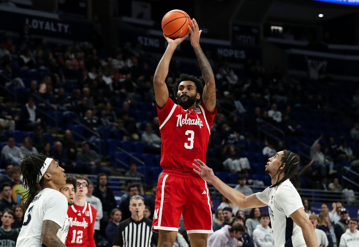 Feb 19, 2025; University Park, Pennsylvania, USA; Nebraska Cornhuskers guard Brice Williams (3) shoots the ball during the second half against the Penn State Nittany Lions at Bryce Jordan Center. Penn State defeated Nebraska 89-72. Mandatory Credit: Matthew O'Haren-Imagn Images