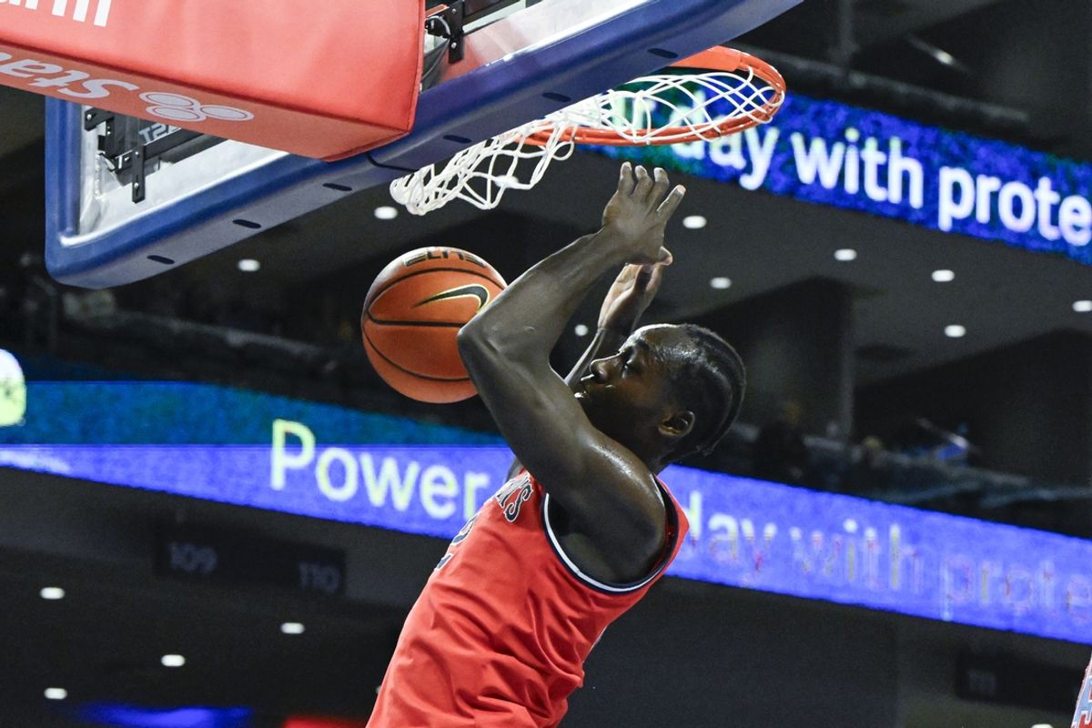 Feb 19, 2025; Chicago, Illinois, USA;  St. John's Red Storm forward Sadiku Ibine Ayo (2) dunks the ball against DePaul Blue Demons  during the first half at Wintrust Arena. Mandatory Credit: Matt Marton-Imagn Images