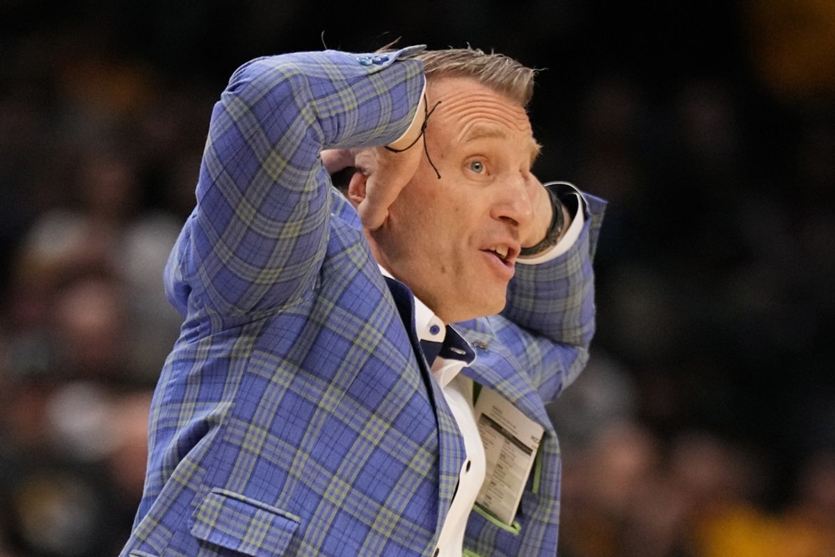 Feb 19, 2025; Columbia, Missouri, USA; Alabama Crimson Tide head coach Nate Oats reacts to a non-call against the Missouri Tigers during the first half at Mizzou Arena. Mandatory Credit: Denny Medley-Imagn Images