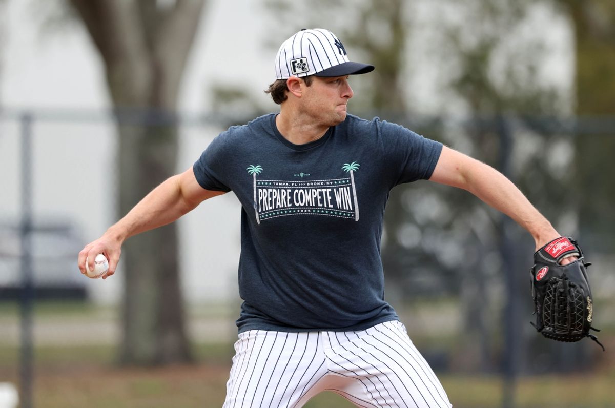 Feb 20, 2025; Tampa, FL, USA; New York Yankees pitcher Gerrit Cole (45) during work outs at George M. Steinbrenner Field. Mandatory Credit: Kim Klement Neitzel-Imagn Images