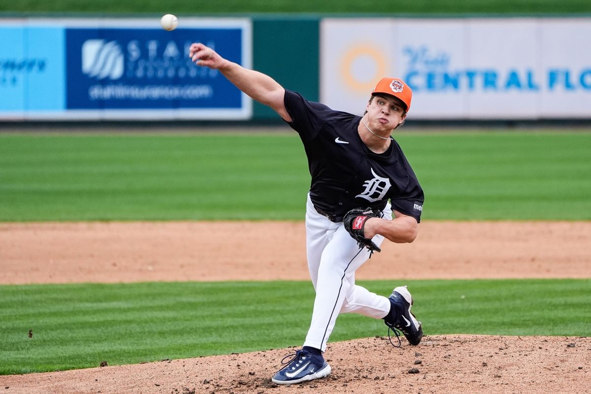Detroit Tigers pitcher Jackson Jobe throws at batting practice during spring training at Joker Marchant Stadium in Lakeland, Fla. on Thursday, Feb. 20, 2025.