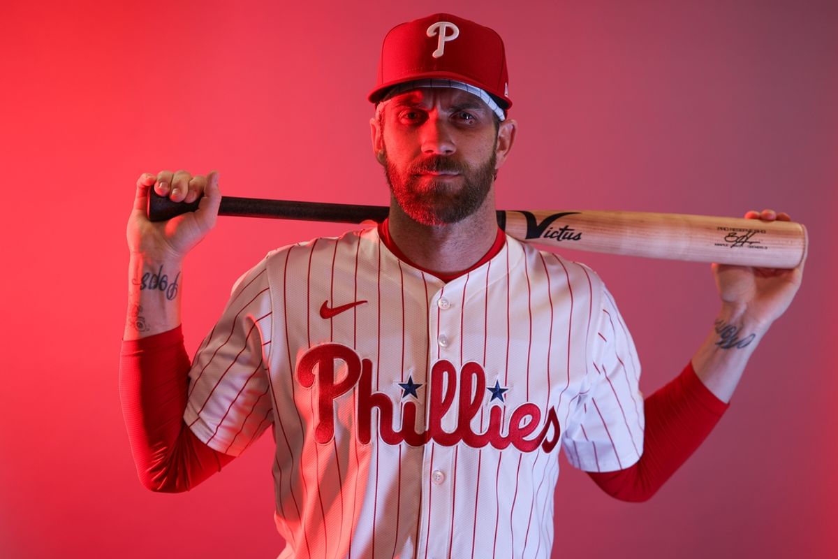 Feb 20, 2025; Clearwater, FL, USA; Philadelphia Phillies first base Bryce Harper (3) participates in media day at BayCare Ballpark. Mandatory Credit: Nathan Ray Seebeck-Imagn Images
