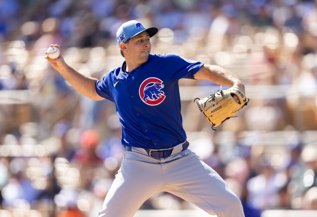 Feb 20, 2025; Phoenix, Arizona, USA; Chicago Cubs pitcher Cody Poteet against the Los Angeles Dodgers during a spring training game at Camelback Ranch-Glendale. Mandatory Credit: Mark J. Rebilas-Imagn Images
