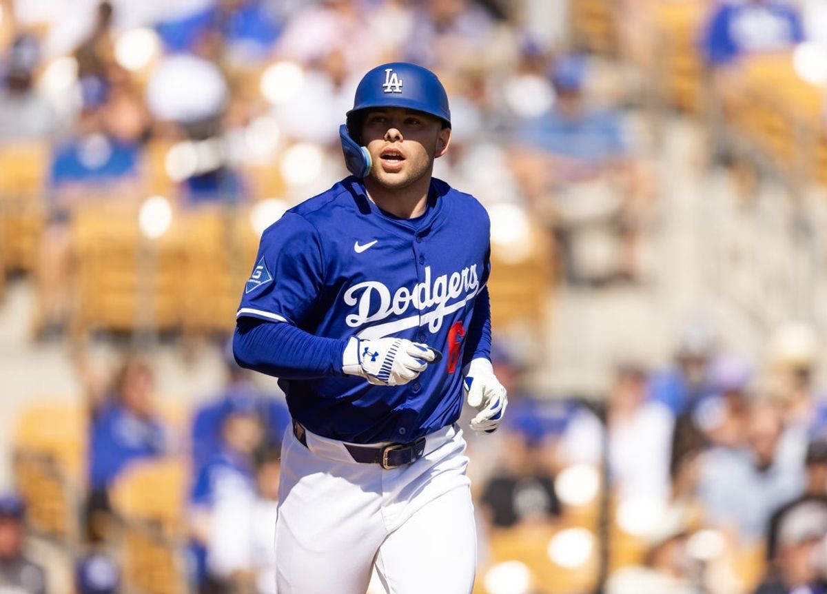 Feb 20, 2025; Phoenix, Arizona, USA; Los Angeles Dodgers designated hitter Dalton Rushing against the Chicago Cubs during a spring training game at Camelback Ranch-Glendale. Mandatory Credit: Mark J. Rebilas-Imagn Images