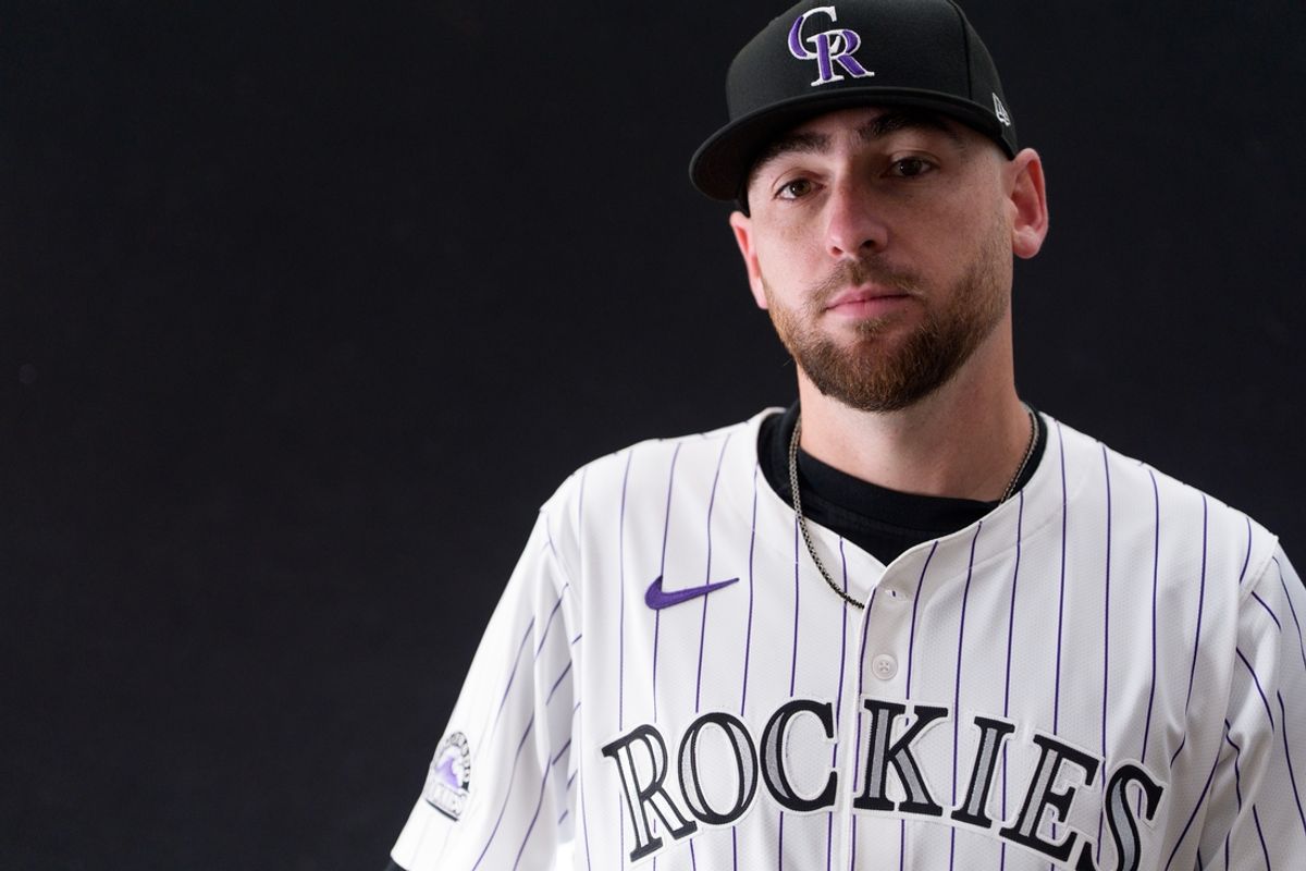 Feb 20, 2025; Scottsdale, AZ, USA;  Colorado Rockies pitcher Austin Gomber (26) as shot during MLB Media Day at Salt River Fields. Mandatory Credit: Allan Henry-Imagn Images
