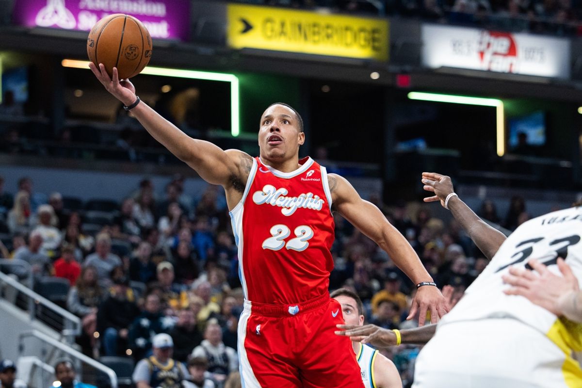 Feb 20, 2025; Indianapolis, Indiana, USA; Memphis Grizzlies guard Desmond Bane (22) shoots the ball in the first half against the Indiana Pacers at Gainbridge Fieldhouse. Mandatory Credit: Trevor Ruszkowski-Imagn Images