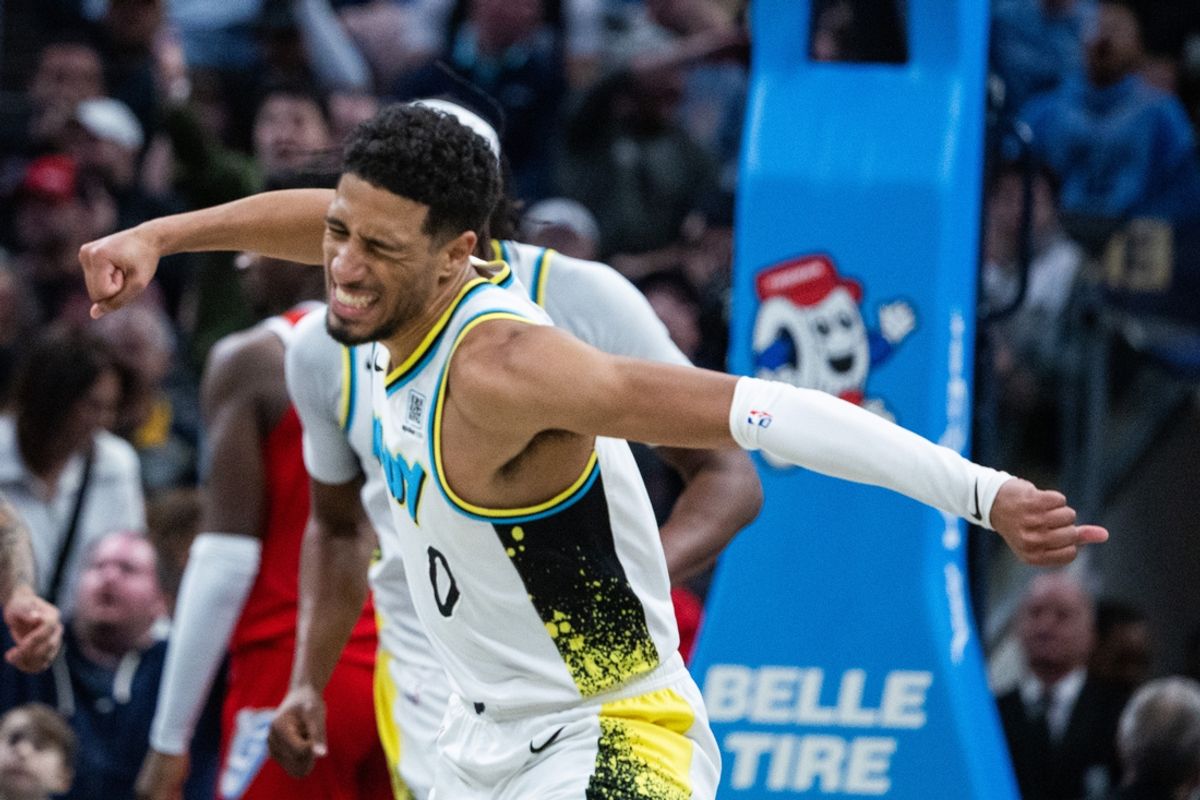 Feb 20, 2025; Indianapolis, Indiana, USA; Indiana Pacers guard Tyrese Haliburton (0) celebrates a made shot in the first half against Memphis Grizzlies  at Gainbridge Fieldhouse. Mandatory Credit: Trevor Ruszkowski-Imagn Images