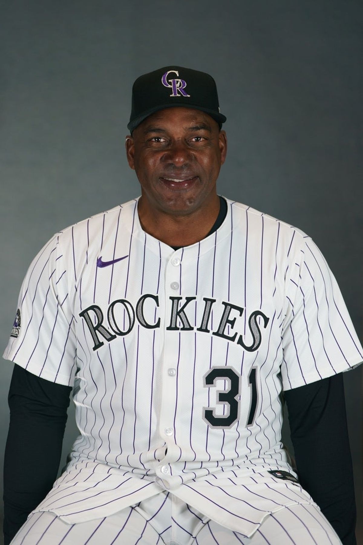 Feb 20, 2025; Scottsdale, AZ, USA;  Colorado Rockies coach Hensley Meulens (31) as shot during MLB Media Day at Salt River Fields. Mandatory Credit: Allan Henry-Imagn Images