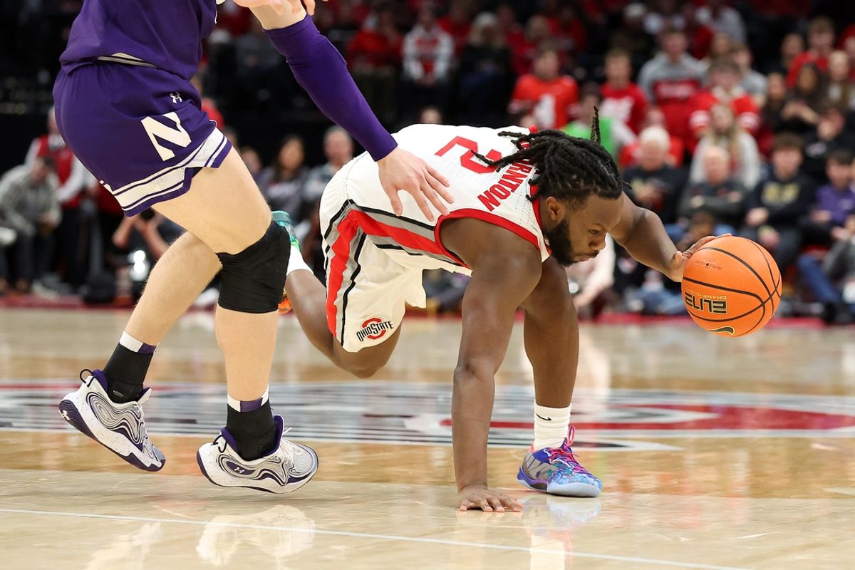Feb 20, 2025; Columbus, Ohio, USA;  Ohio State Buckeyes guard Bruce Thornton (2) collides with Northwestern Wildcats forward Nick Martinelli (2) during the second half  at Value City Arena. Mandatory Credit: Joseph Maiorana-Imagn Images