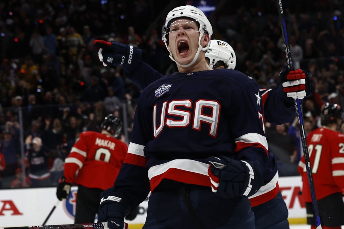 Feb 20, 2025; Boston, MA, USA; [Imagn Images direct customers only]  Team USA forward Brady Tkachuk (7) celebrates scoring against Team Canada during the first period during the 4 Nations Face-Off ice hockey championship game at TD Garden. Mandatory Credit: Winslow Townson-Imagn Images