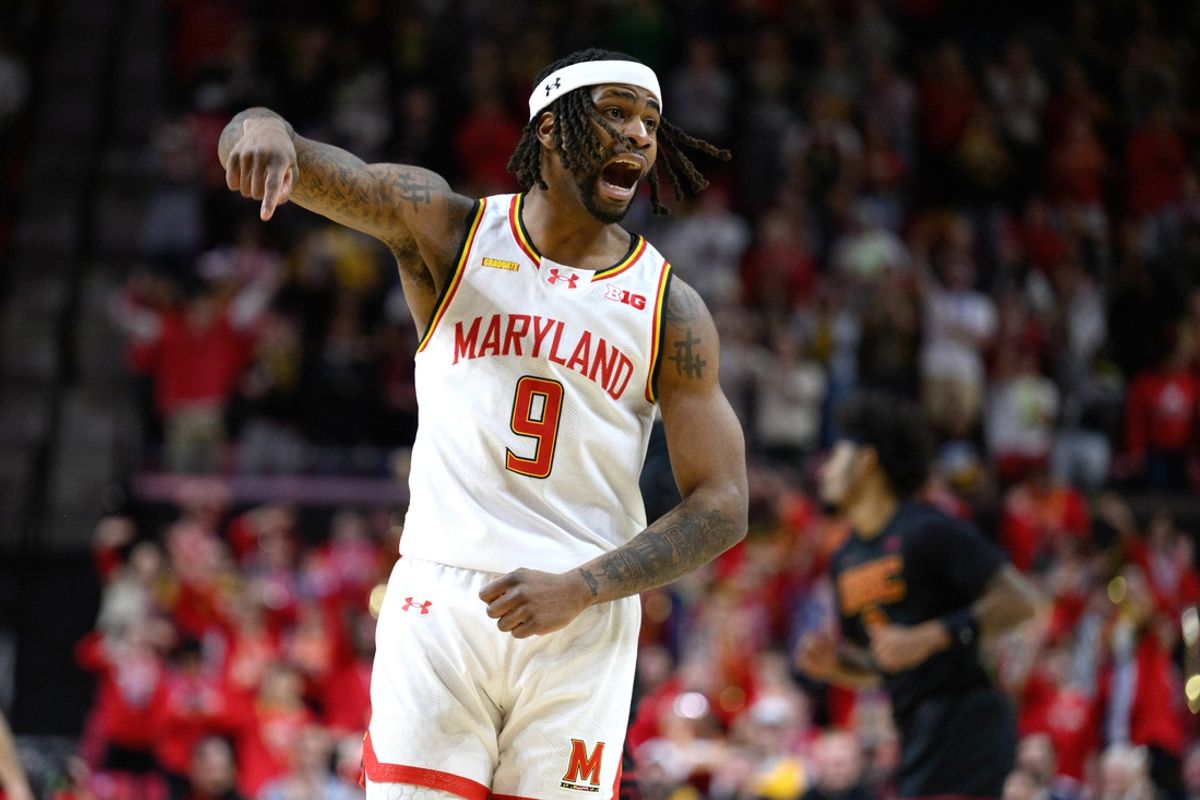 Feb 20, 2025; College Park, Maryland, USA; Maryland Terrapins guard Selton Miguel (9) reacts after making a basket during the first half against the USC Trojans at Xfinity Center. Mandatory Credit: Reggie Hildred-Imagn Images
