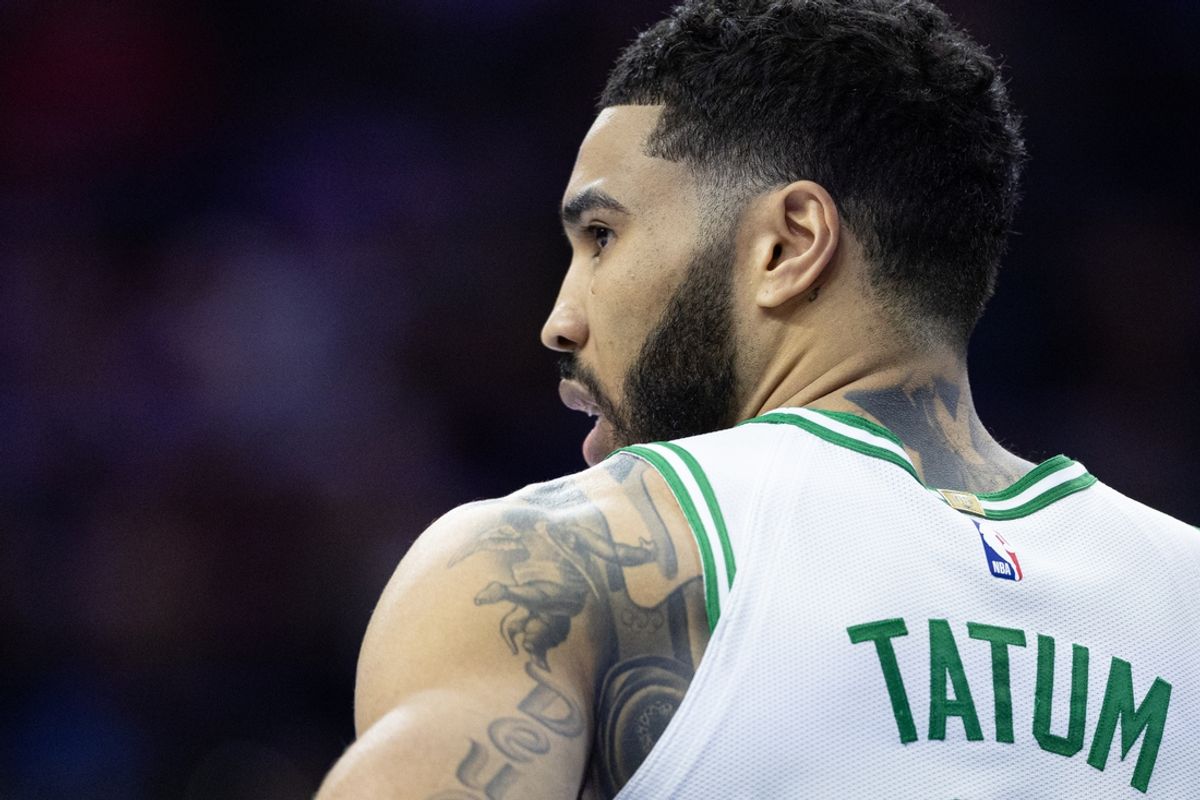 Feb 20, 2025; Philadelphia, Pennsylvania, USA; Boston Celtics forward Jayson Tatum (0) looks on during the third quarter against the Philadelphia 76ers at Wells Fargo Center. Mandatory Credit: Bill Streicher-Imagn Images