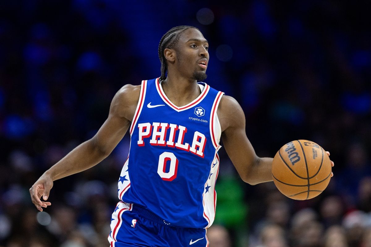 Feb 20, 2025; Philadelphia, Pennsylvania, USA; Philadelphia 76ers guard Tyrese Maxey (0) controls the ball against the Boston Celtics during the third quarter at Wells Fargo Center. Mandatory Credit: Bill Streicher-Imagn Images