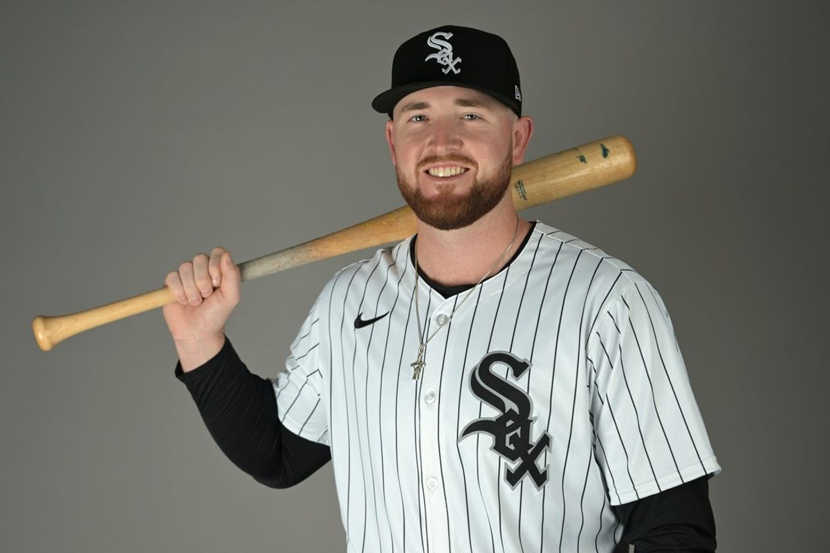 Feb 20, 2025; Glendale, AZ, USA;  Chicago White Sox Tim Elko (84) poses for a photo on media day at the team’s spring training facility in Glendale, AZ.  Mandatory Credit: Jayne Kamin-Oncea-Imagn Images