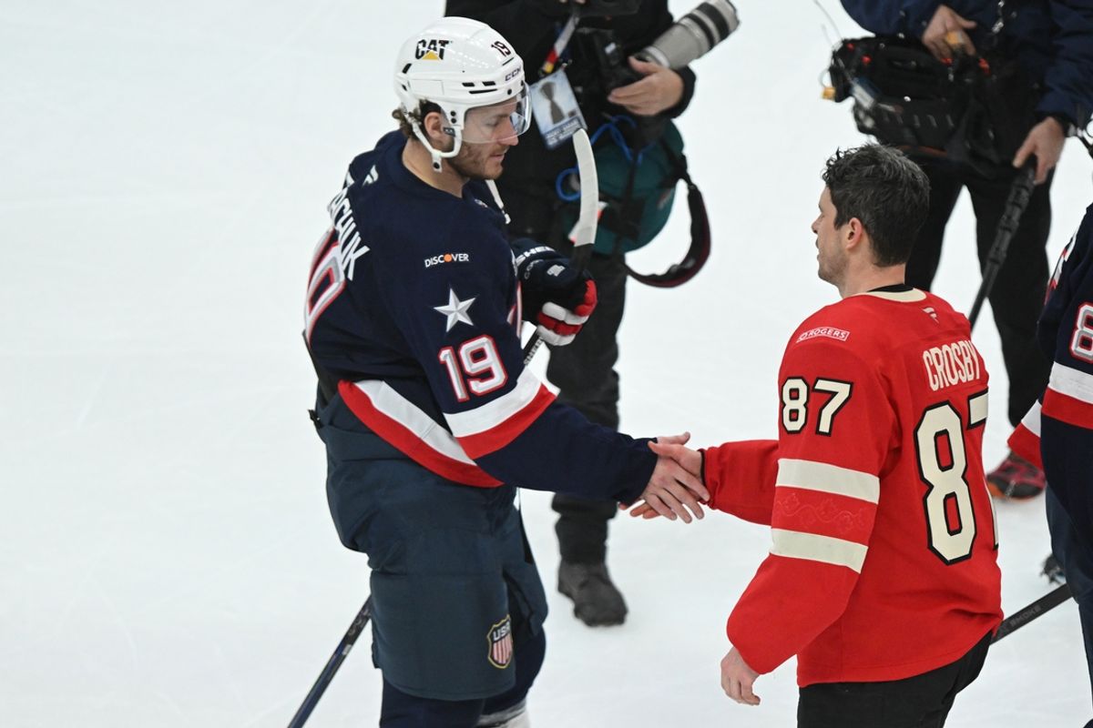 Feb 20, 2025; Boston, MA, USA; [Imagn Images direct customers only]  Team USA forward Matthew Tkachuk (19) shakes hands with Team Canada forward Sidney Crosby (87) after overtime win by Team Canada during the 4 Nations Face-Off ice hockey championship game at TD Garden. Mandatory Credit: Brian Fluharty-Imagn Images