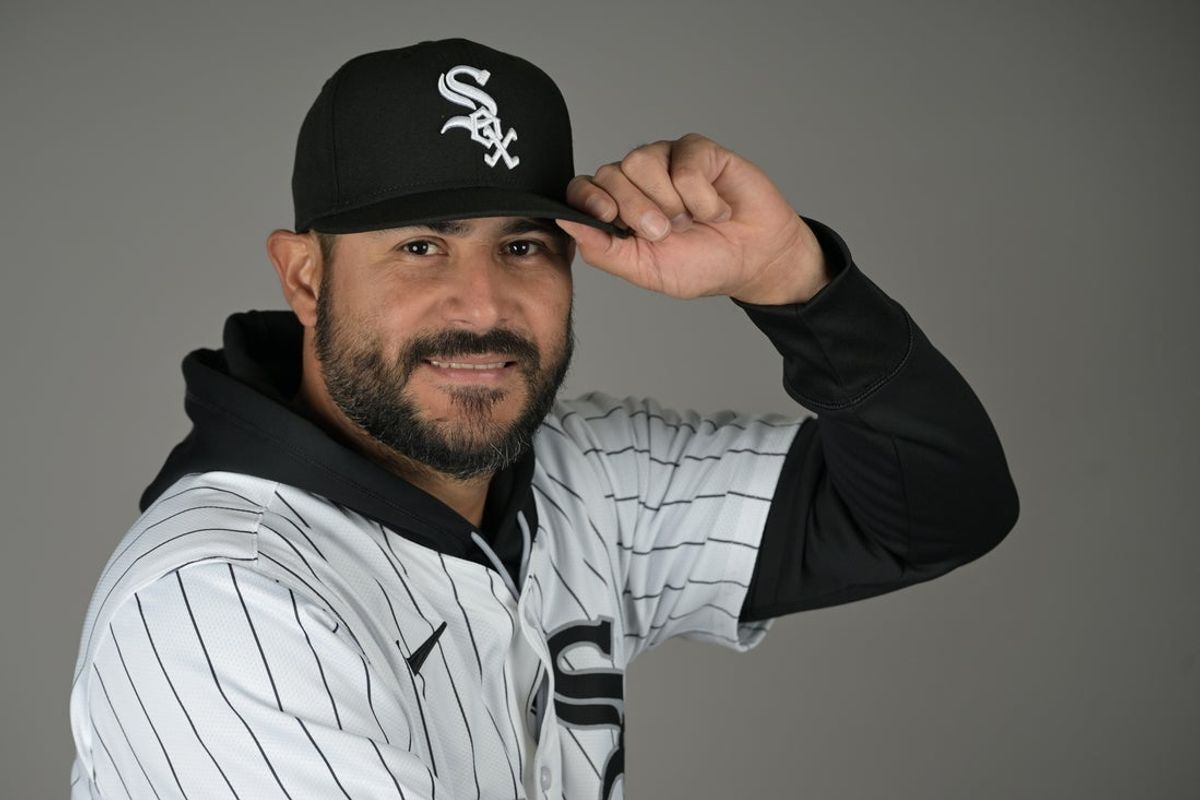 Feb 20, 2025; Glendale, AZ, USA;  Chicago White Sox starting pitcher Martin Perez (54) poses for a photo on media day at the team’s spring training facility in Glendale, AZ.  Mandatory Credit: Jayne Kamin-Oncea-Imagn Images